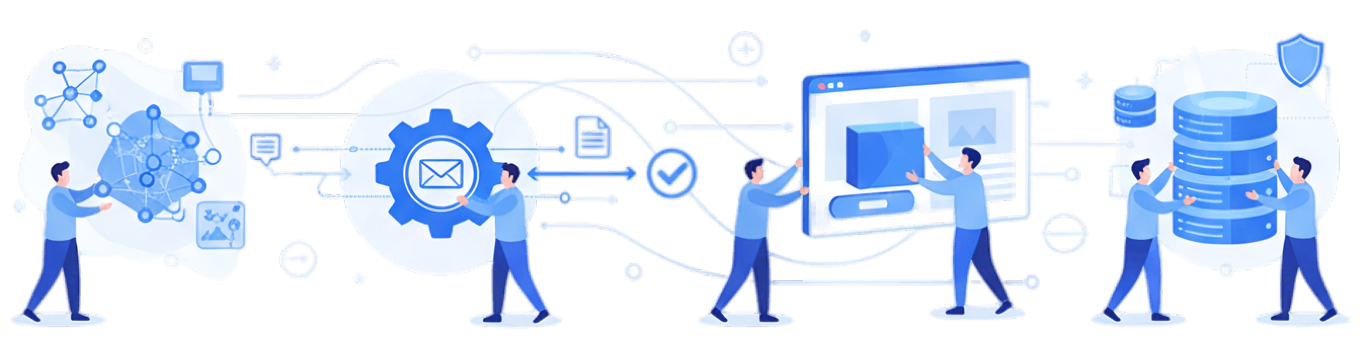 AI automation dashboard showing chatbot analytics, workflow automation interface, and custom web application for business process automation